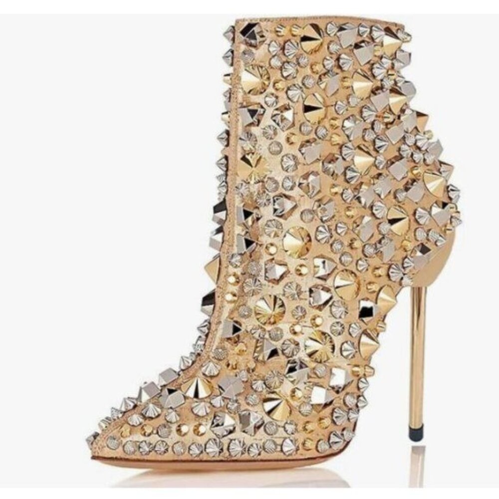 FSJ Gold High Heel Ankle Boots with Rivets Pointed Toe Stilettos Zipper Shoes